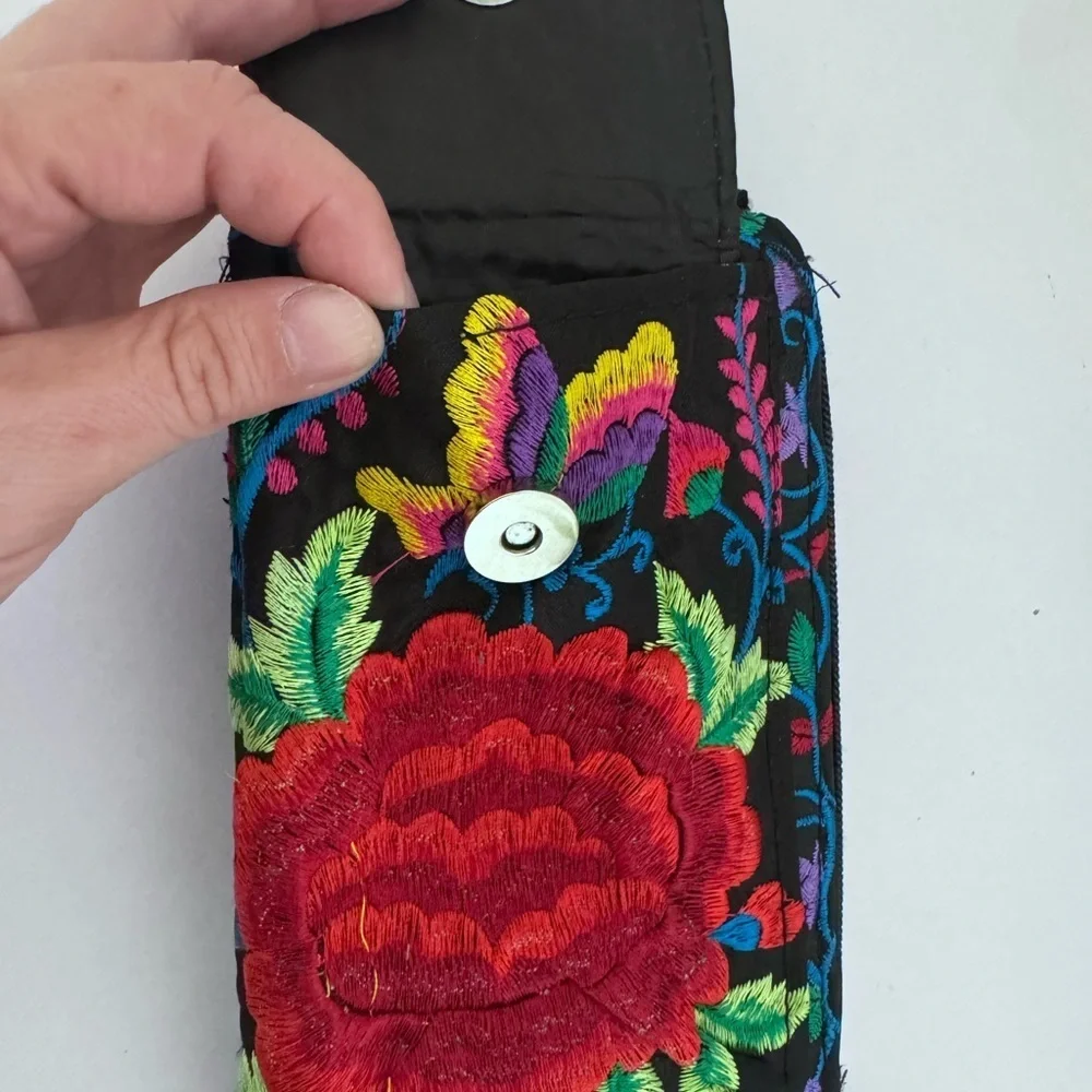 Floral Embroidered Wallet - Red and Green